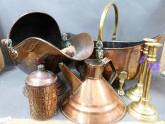 Two copper coal scuttles and a copper jug,
