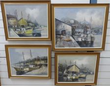 Four modern oil paintings of Bristol harbour and docks by J Dallas,