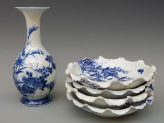 A Japanese Meiji period vase and four lotus leaf shape Japanese dishes,