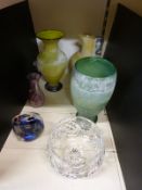 A collection of glass and ceramics to include three textured studio glass vases, fish paperweight,