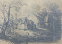 A 19th/early 20thC pencil drawing of a water mill and cottage,