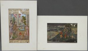 Two Indian watercolours with gilt highlighting, one of ladies dining the other a hunting party,