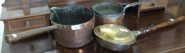 Two 19thC copper pans and a brass warming pan