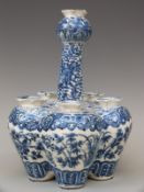 Chinese blue and white tulip vase of lobed bottle form, bulbous top to neck,