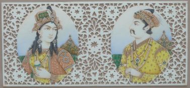 Indian portrait miniature on ivory of a lady and gentleman with pierced decoration, in gilt frame,