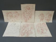 Five possibly 17thC chalk and one pen and ink study from 15thC masters including descending from