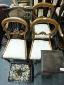 Three upholstered mahogany balloon back chairs, Ercol nursing chair, stool,
