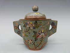 A twin handled cloisonne censer and cover,