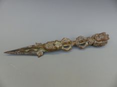 A Tibetan Phurpa bronze alloy ceremonial dagger, approximately 33cm long.