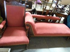 A late 19thC/20thC upholstered chaise longue and a matching chair.