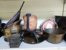 A quantity of brassware to include coal scuttles, warming pans ,