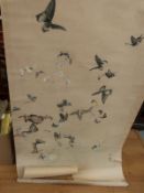A large Japanese scroll painting decorated with butterflies,
