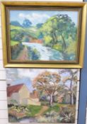 E J Griffiths two oil on canvas, one river scene the other a farmyard,