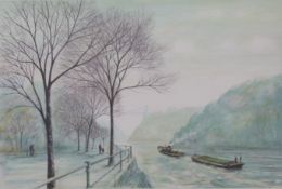 Jeremy King signed limited edition (175/200) print of a tug and barge on the Avon by the Clifton