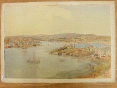 J B Pyne watercolour estuary with houses, shipping and hills beyond, 33 x 49cm,