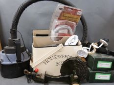 Metal housekeeper's box, boxed door furniture, vintage shelf brackets, micrometer, miniature plane,