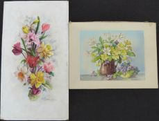 Two watercolours of flora, one oil on board signed F.