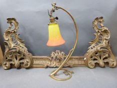 A brass fire fender and a vintage brass lamp with glass shade by Muller Fres Luneville