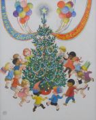 Lionel Mayes ( British School ) framed watercolour of children dancing around a Christmas tree,