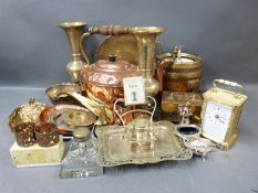 A carriage clock, copper ware, brass ware, a plated ink well ,