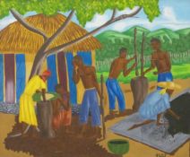 Jean-Baptiste Bottex (Haiti 1918 - 1979) oil on board villagers processing the crop with landscape