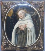 A late 18th/19thC hand decorated enamel on copper portrait miniature or icon depicting a saint,