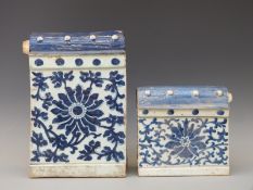 Two Chinese architectural blue and white porcelain ridge tiles,
