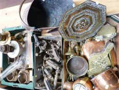 A large collection of brass and metalware including coal scuttle, candlesticks, fireside implements,
