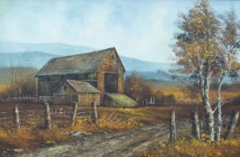 J Medina modern acrylic on canvas barn in a rural landscape, signed lower right,