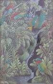 Oil on canvas mounted on board of tropical birds, signed lower right Surata, Bentuyung Ubud,