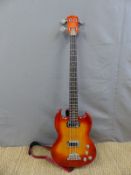 An electric bass guitar in flame finish with leather embossed strap and soft case.