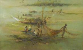 Oil on canvas of Asian men and women dragging fishing nets from boats,