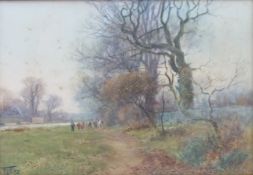 H C Fox Victorian watercolour of farmer driving cattle by trees, signed and dated 1897 lower left,