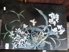 A Japanese painted and inlaid panel decorated with mother of pearl butterflies together with a