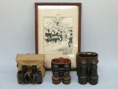 Three pairs of binoculars including Kershaw together with 'The Sharpshooters' print,