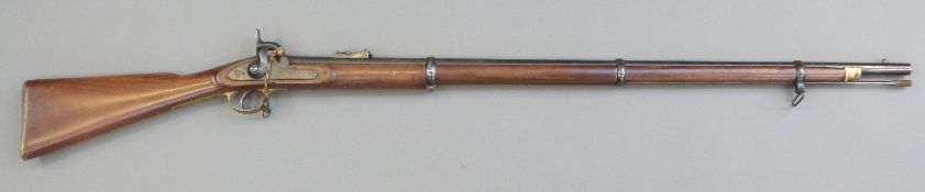 Enfield 3-band percussion hammer action rifle with lock stamped 1860 Tower and with crown over VR