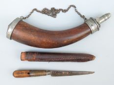 A wooden horn shaped powder flask with base metal mounts and suspension chain (27cm long) together