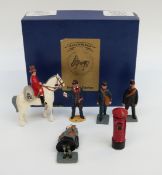 Five Marlborough hand painted lead figures and a post box in branded box
