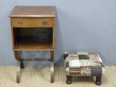 A mahogany shelf unit with drawer and an upholstered stool (H77cm)
