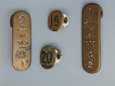 Four brass signal lever plates comprising 1 disc for No 2, 2 up main siding, 19 and 20.