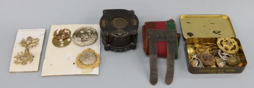 A collection of items including Royal Tank Regiment stable belt compass (possibly from ship or