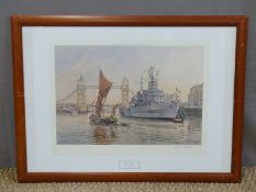 Frank Shipsides signed print of HMS Belfast, Thames barge and Tower Bridge,