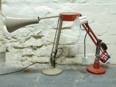 An anglepoise style lamp and a similar Kaypro workshop lamp with magnifier