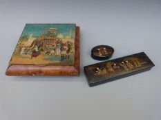 A Huntley & Palmer biscuit tin with Indian scene to the lid together with two Victorian papier