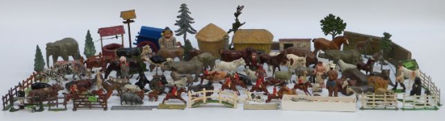 Over 150 John Hill & Co Johillco and Britains lead model farm animals, figures and accessories.