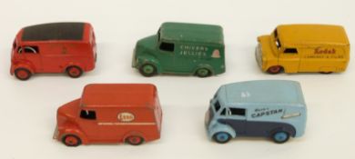 Five Dinky Toys diecast model delivery vans, Chivers Jellies Trojan, Esso tanker,