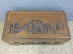 A Chinese carved camphorwood lined chest with figural and landscape decoration (H55 x L97 x D46)