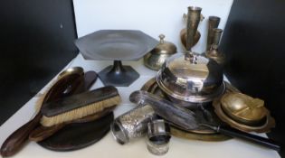 A collection of brass ware, pewter tazza, plated ware,