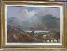 J Lewis oil on canvas of a stag in Highland setting,