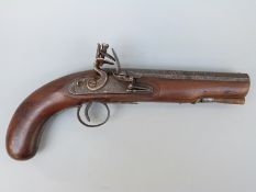 Brunton of York flintlock hammer action overcoat pistol with named and engraved locks,